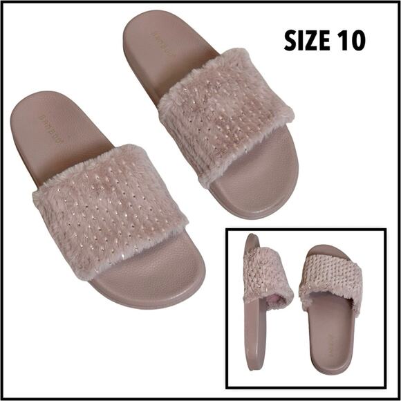 Bamboo Mauve Soft Fur Fuzzy Slides Metallic SZ 10 $20 - Picture 1 of 11